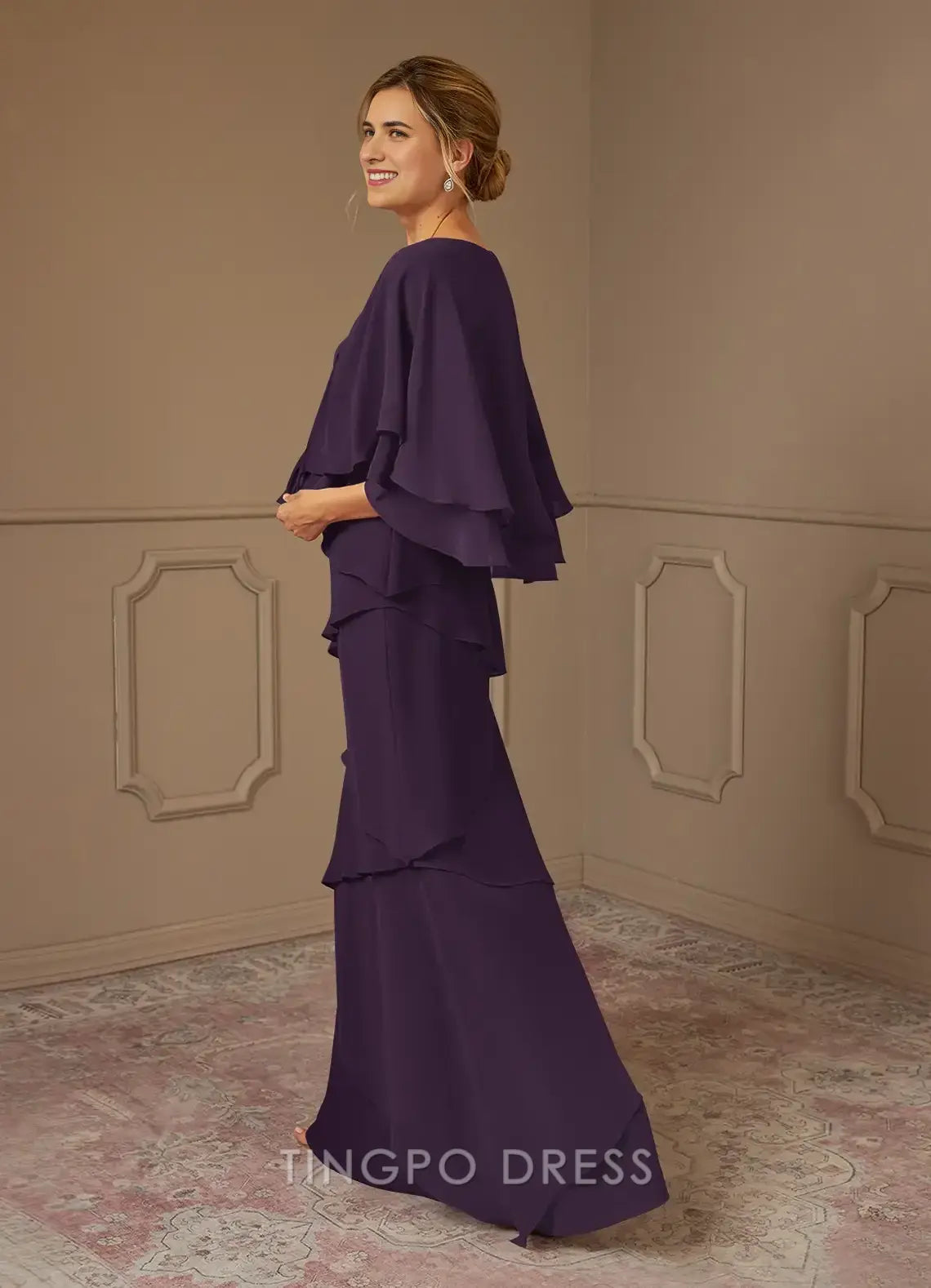 TingPo Wholesale Elegant Mother of the Bride Dresses A-Line V-Neck Fit and Flare Skirt Chiffon Dress hot sale for ladies